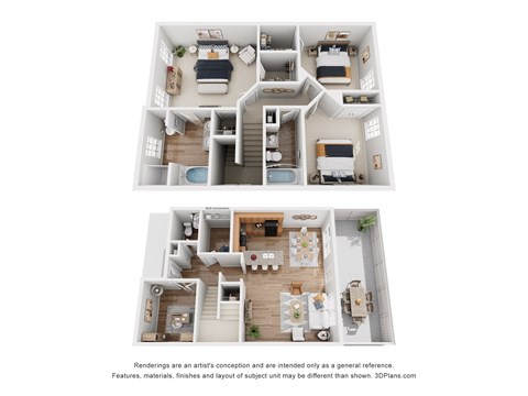 A 3D floor plan of a two-story house with a living room, kitchen, dining room, and bedrooms.